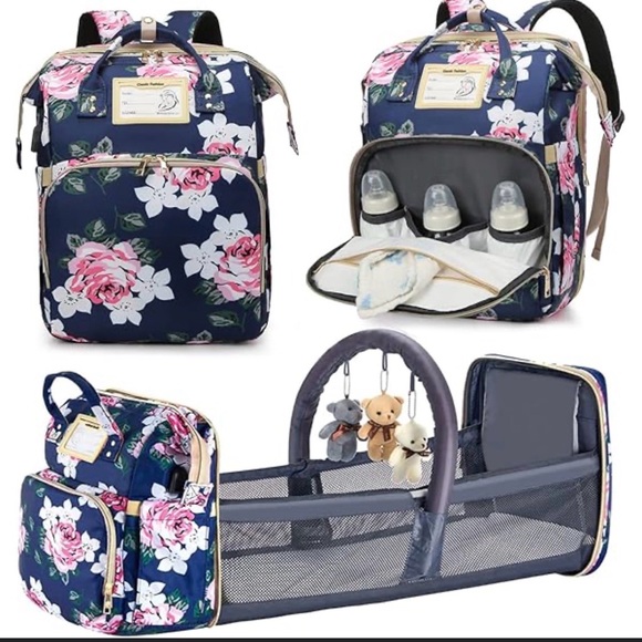 Floral Baby Bag and changing station - Navy and Pink- NEW - Picture 1 of 3